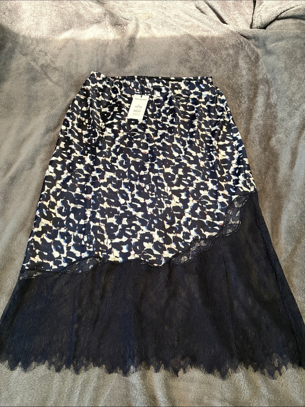 Navy & White Animal-Print Midi Skirt with Black Lace Hem